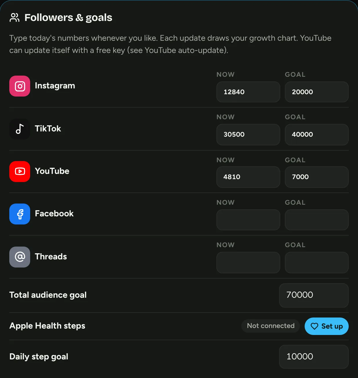 Followers and goals settings