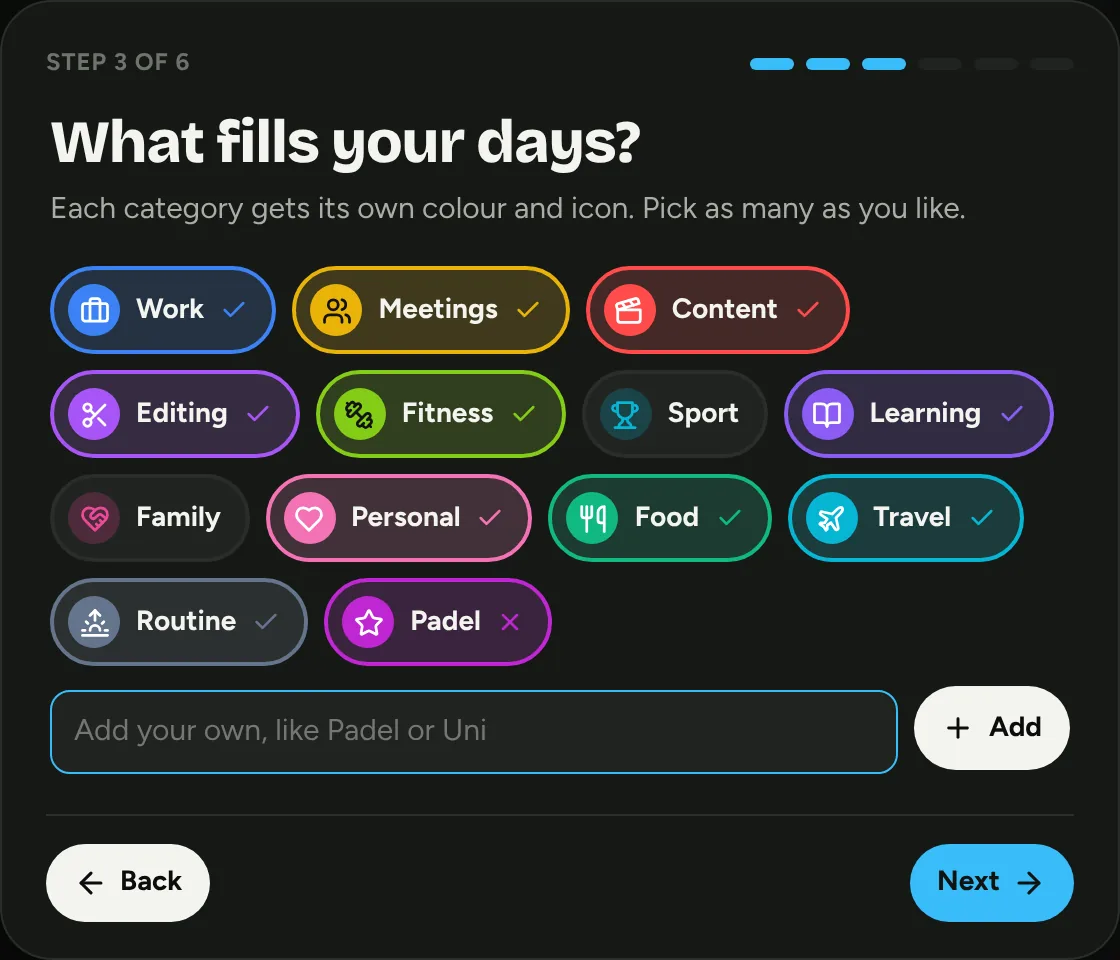 Setup step 3: pick the categories that fill your days