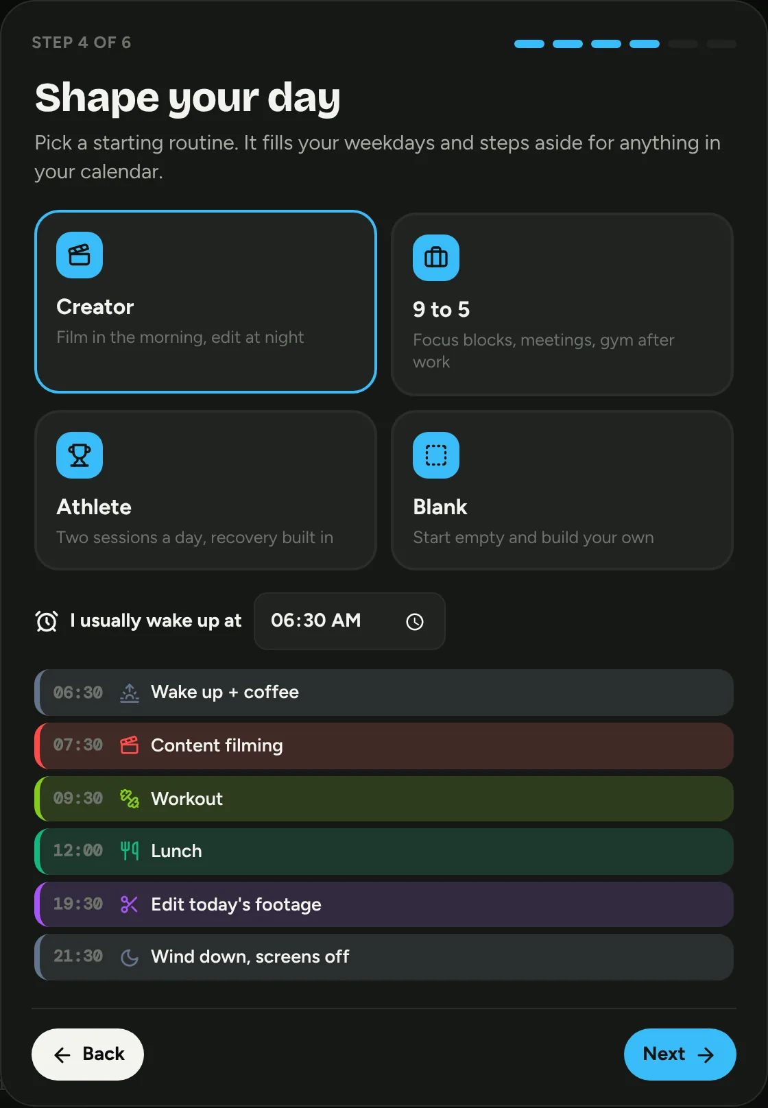 Setup step 4: choose a routine preset and wake-up time