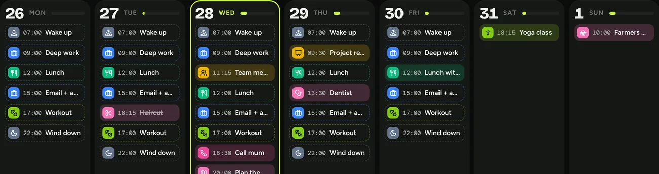 Week view with colour-coded blocks and meetings