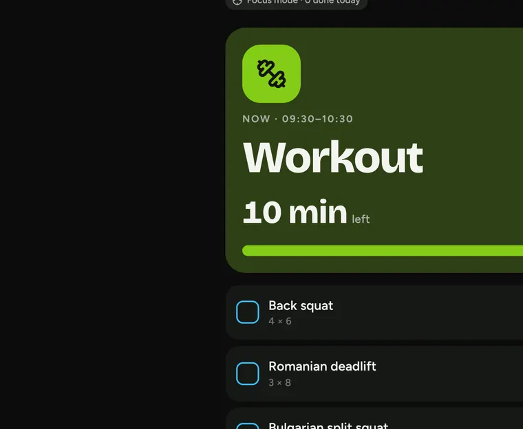 Focus mode showing the current workout with exercises to tick off