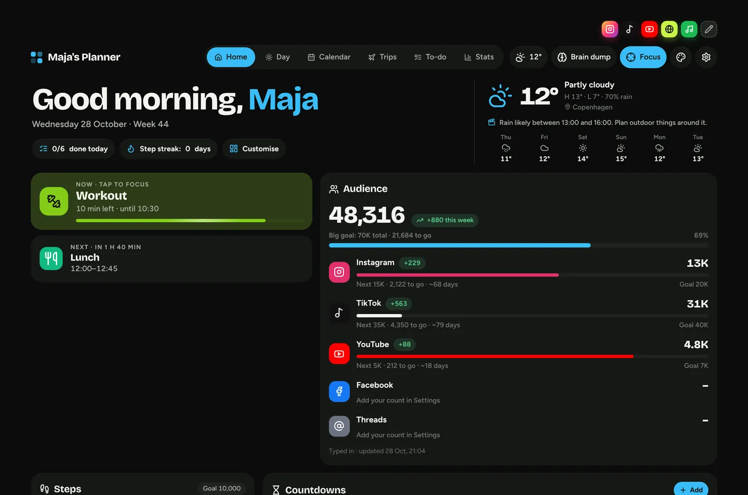 Daglig's home screen: what you're doing now, what's next, weather and follower goals