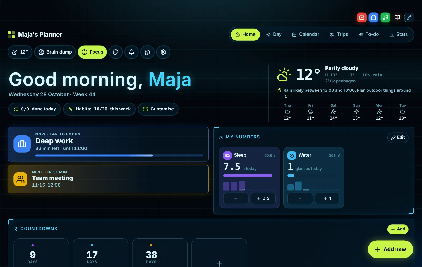 Daglig in the futuristic look on a computer: greeting, weather, now and next, and audience goals